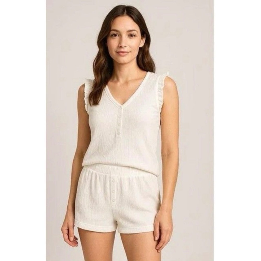 Nordstrom You Say Henley Ruffle Shortie Set White Pajama Loungewear Size Small‎